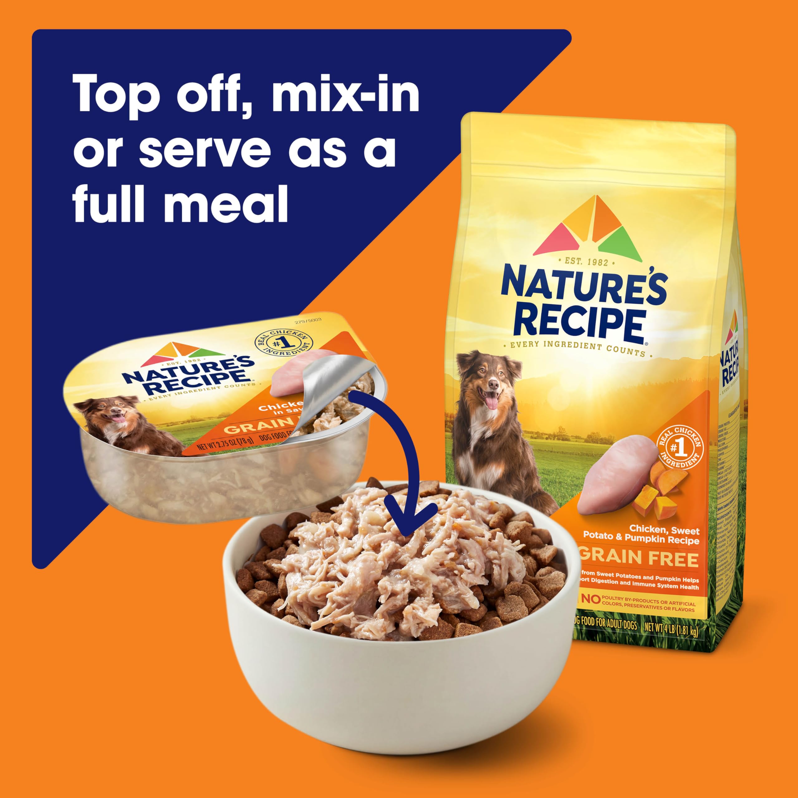 Nature's Recipe versée sur croquettes comme topper pour repas enrichi
