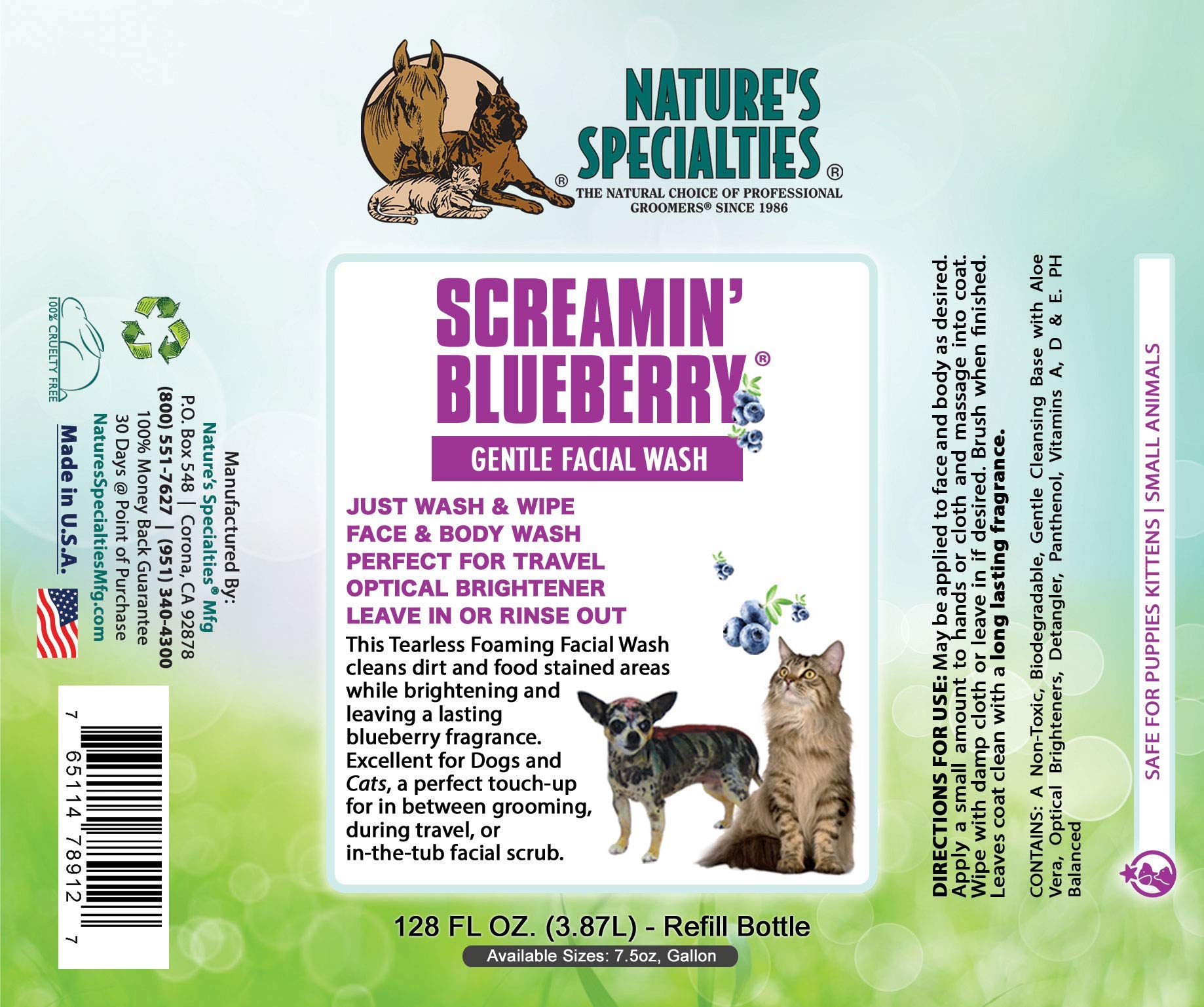 Nature's Specialties application sur chiot illustrant nettoyage sans rinçage facile