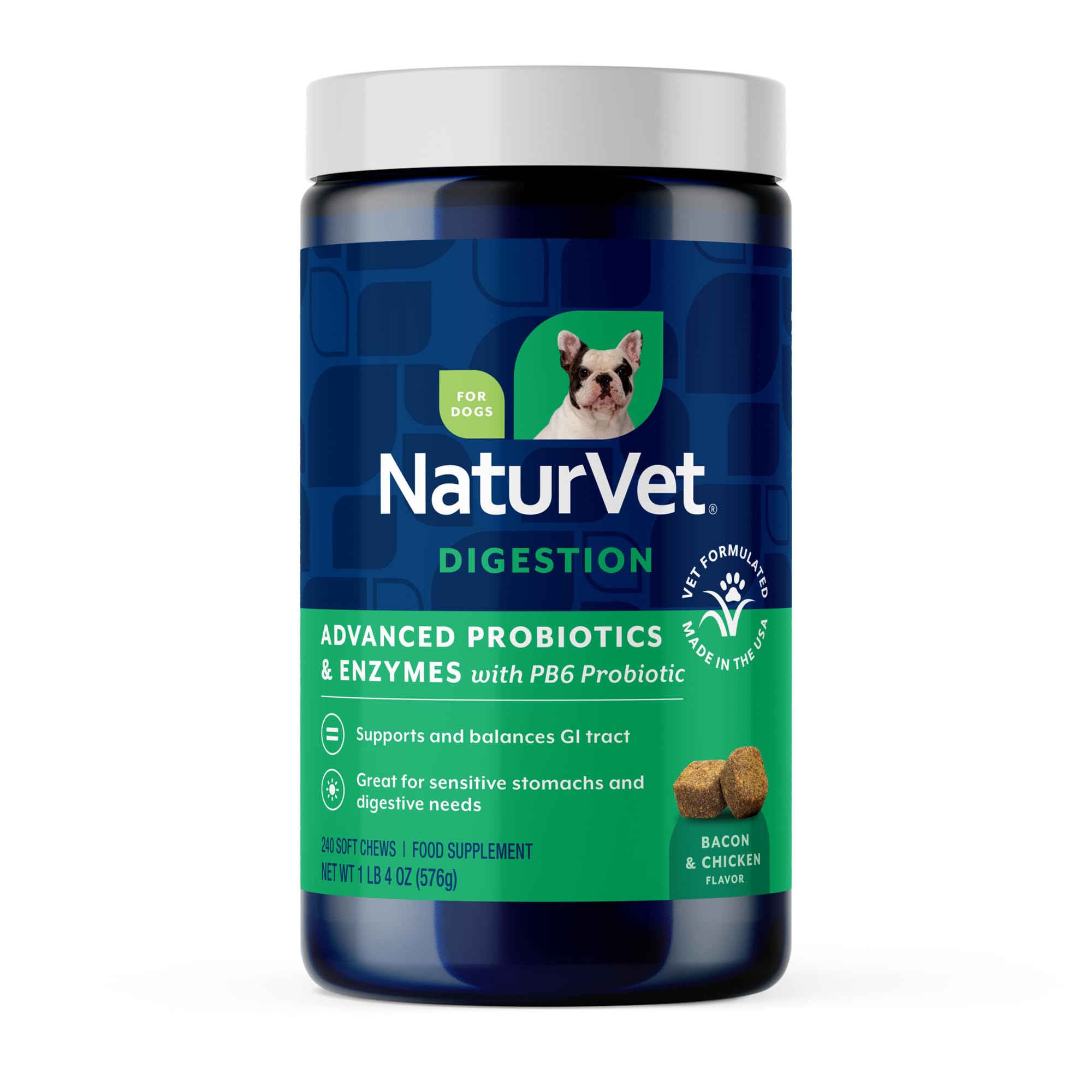 NaturVet boîte face montrant 240 friandises pour digestion pratique