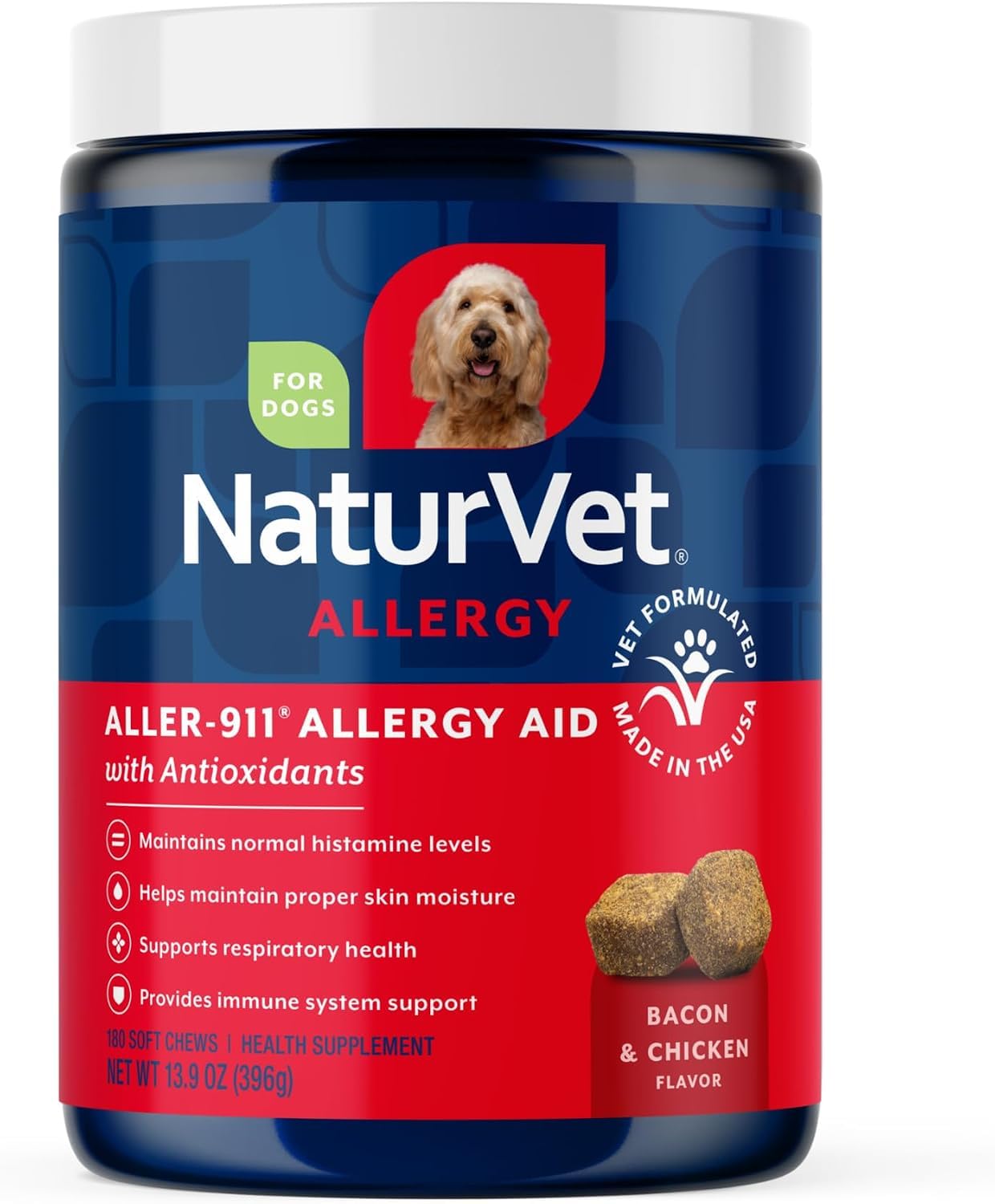 NaturVet emballage avant du produit montrant la boîte et bénéfice soutien cutané