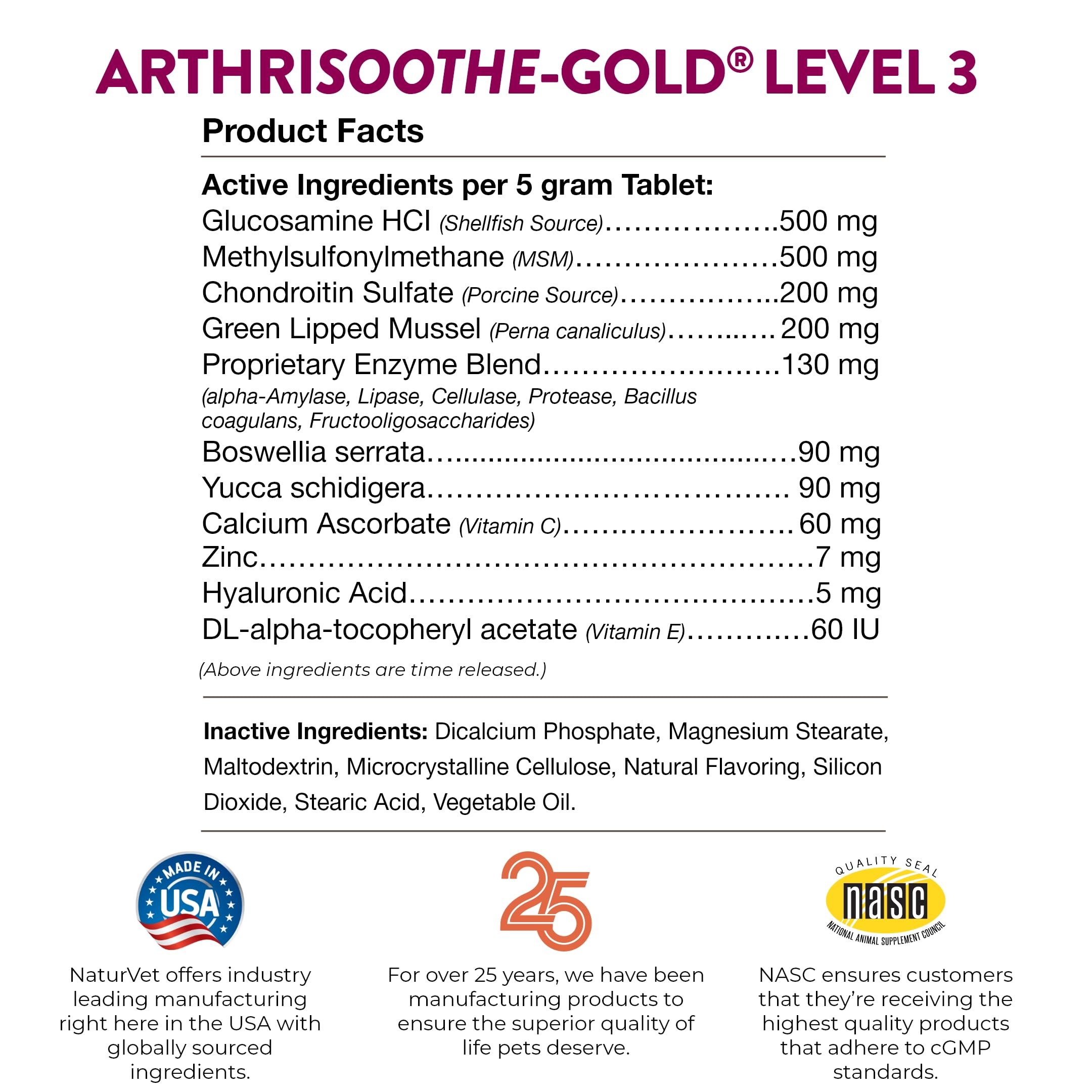 Pot ouvert NaturVet ArthriSoothe avec 120 comprimés visible pour durée d'utilisation