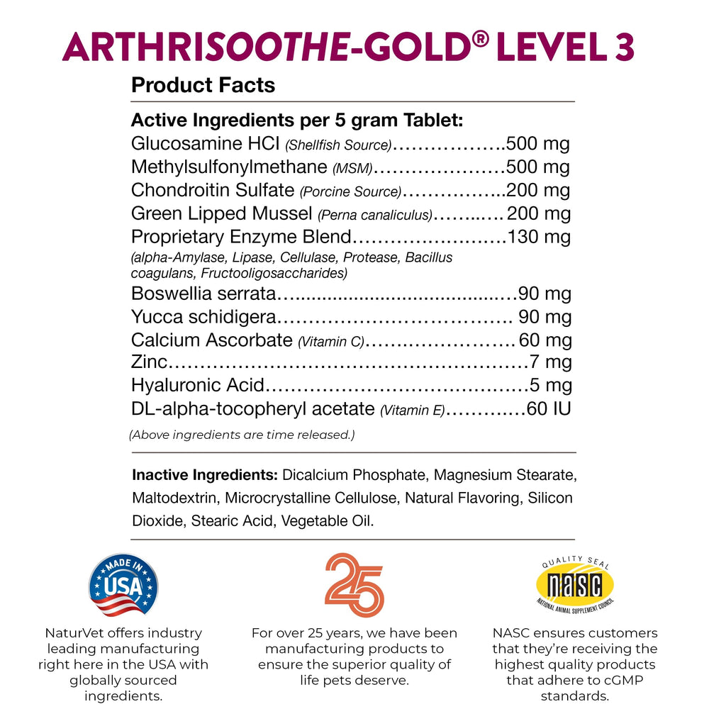 Pot ouvert NaturVet ArthriSoothe avec 120 comprimés visible pour durée d'utilisation