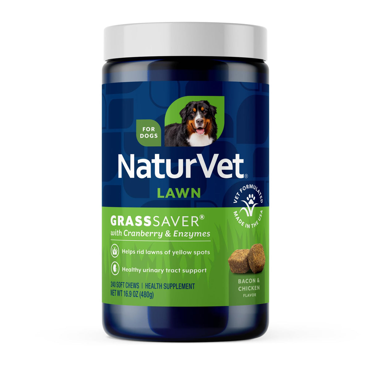 NaturVet face de l'emballage GrassSaver montrant le pot et la marque pour identification