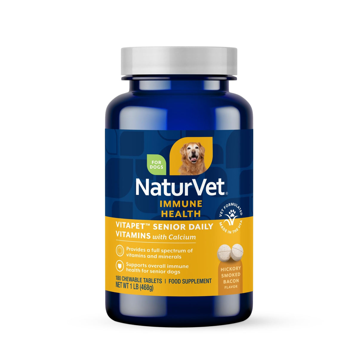 NaturVet flacon vue de face montrant 180 comprimés pour soutien senior