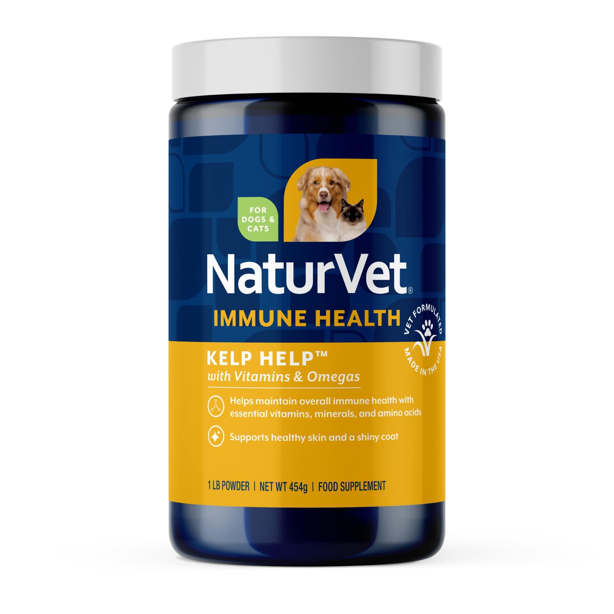 NaturVet boîte avant montrant le produit et bénéfice pelage brillant