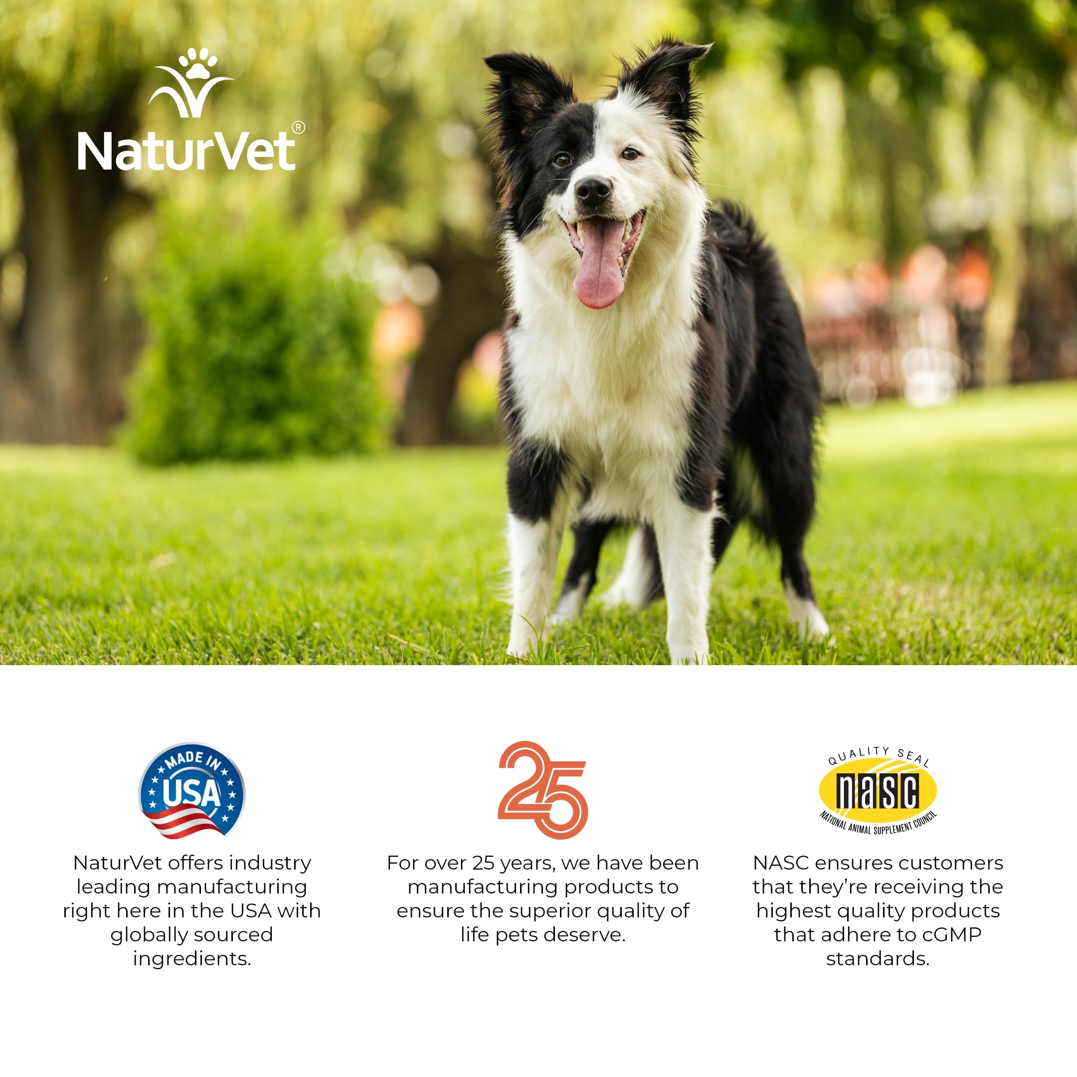 NaturVet badge made in usa indiquant fabrication vétérinaire conforme cGMP