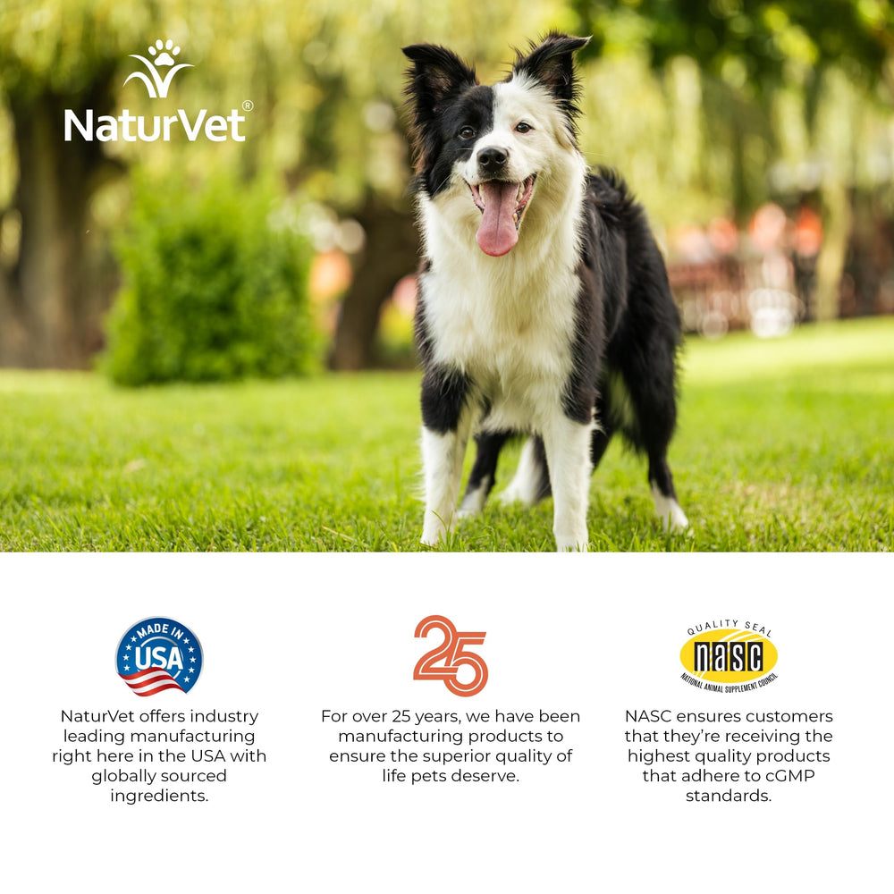 NaturVet badge made in usa indiquant fabrication vétérinaire conforme cGMP