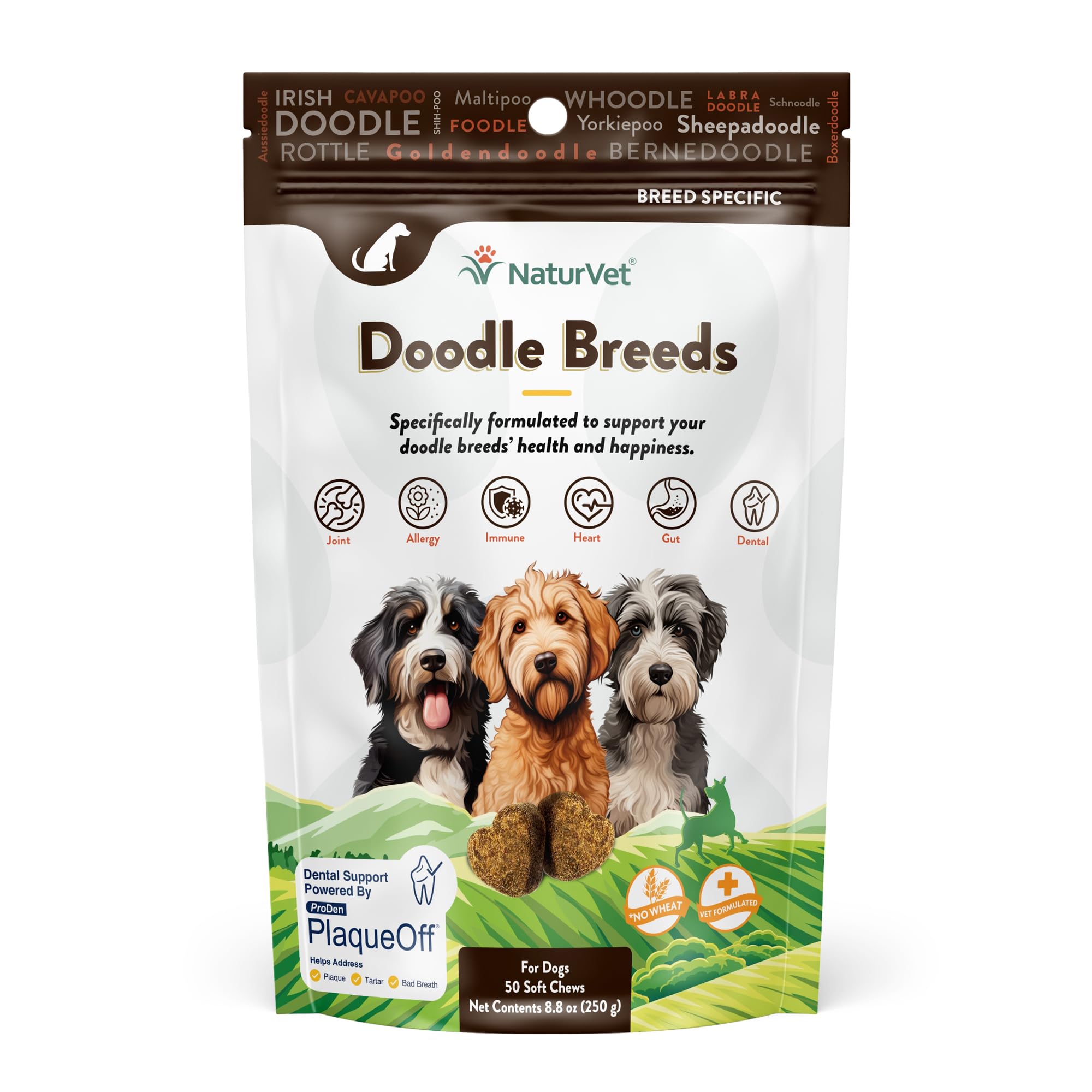 NaturVet emballage face Breed Specific Doodle montrant usage quotidien