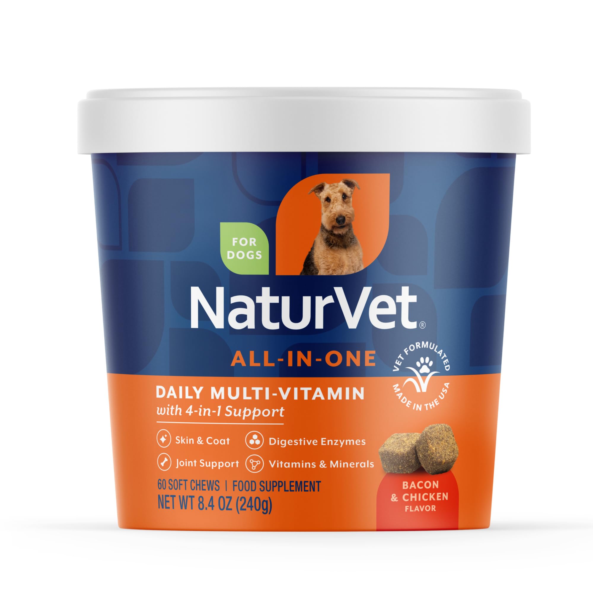 NaturVet pot de 60 soft chews montrant l'emballage et la praticité