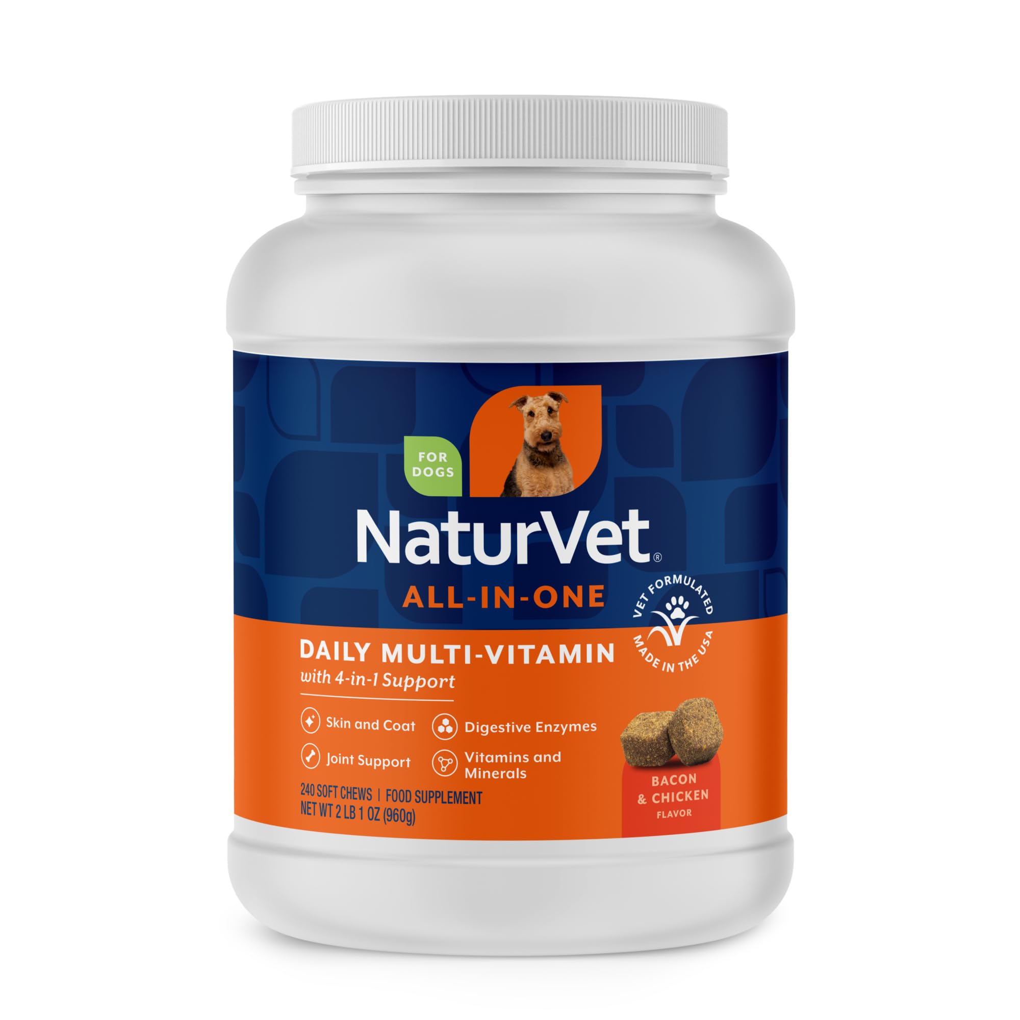 NaturVet pot avant 240 soft chews montrant le conditionnement pratique