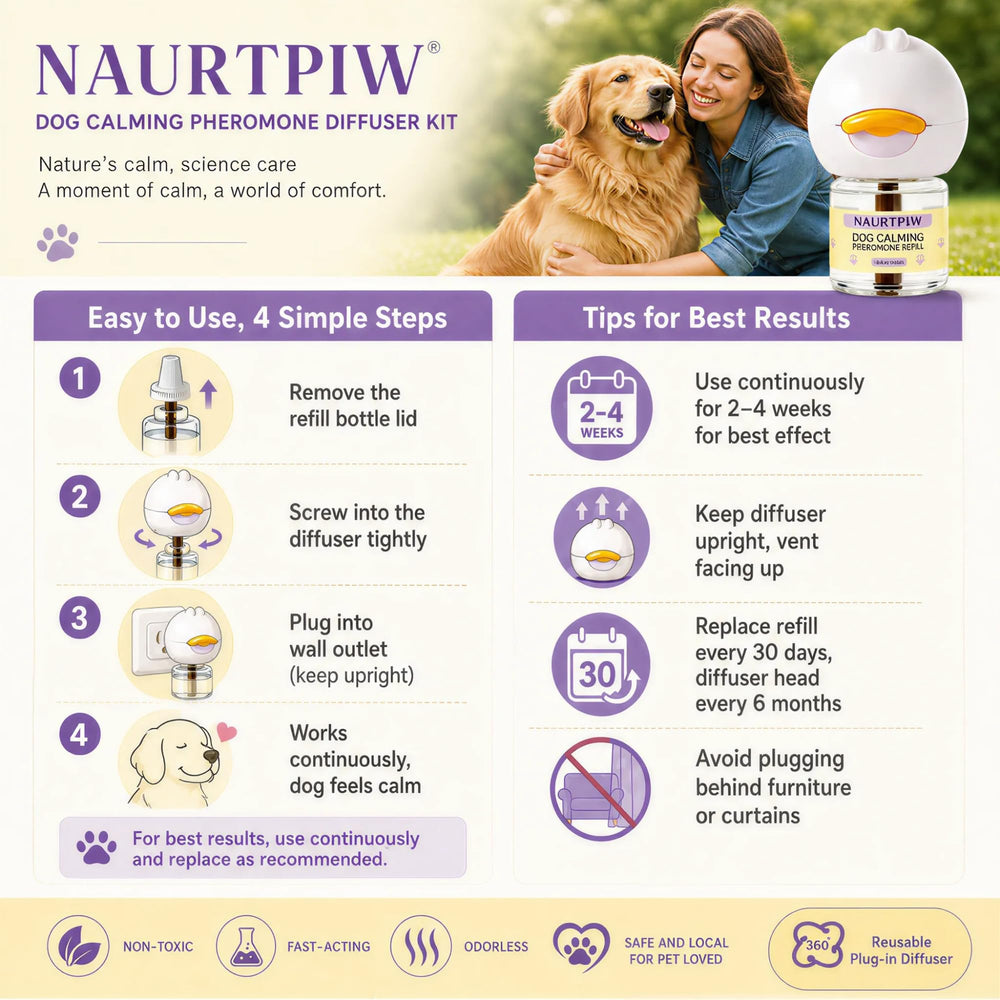 NAURTPIW diffuseur en usage près du chien pour calmer et sécuriser