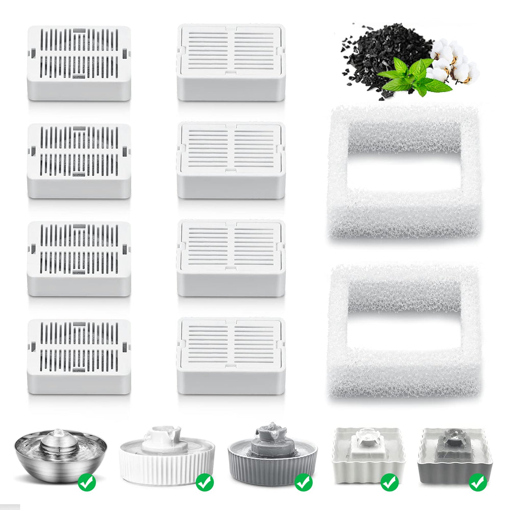 NautyPaws emballage et contenu montrant 8 filtres charbon et 2 mousses pour stockage pratique