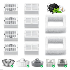 NautyPaws emballage et contenu montrant 8 filtres charbon et 2 mousses pour stockage pratique