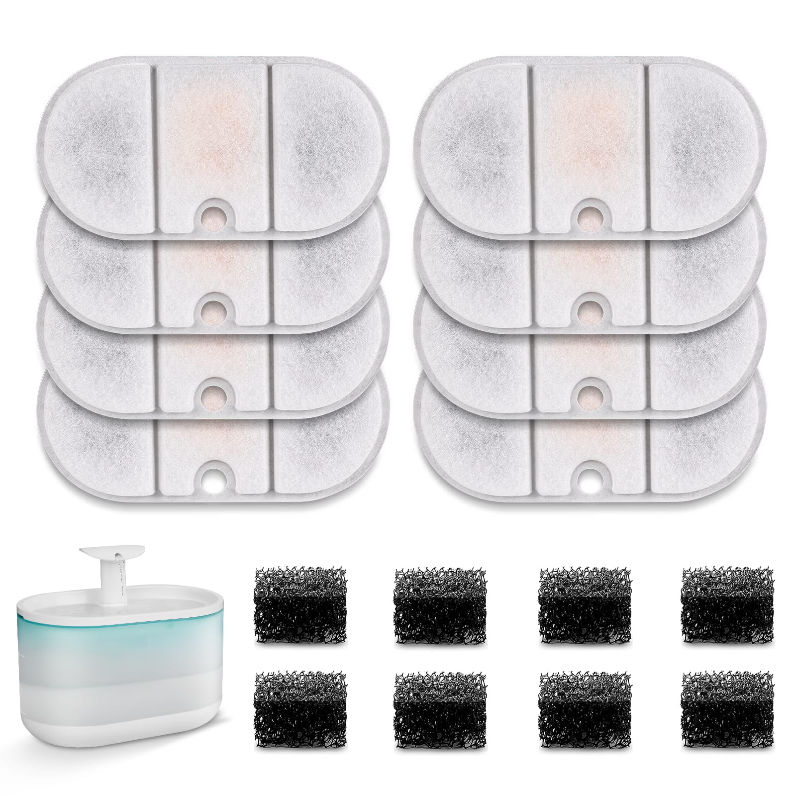 NautyPaws packaging avant montrant 8 filtres et 8 éponges, remplacement pratique