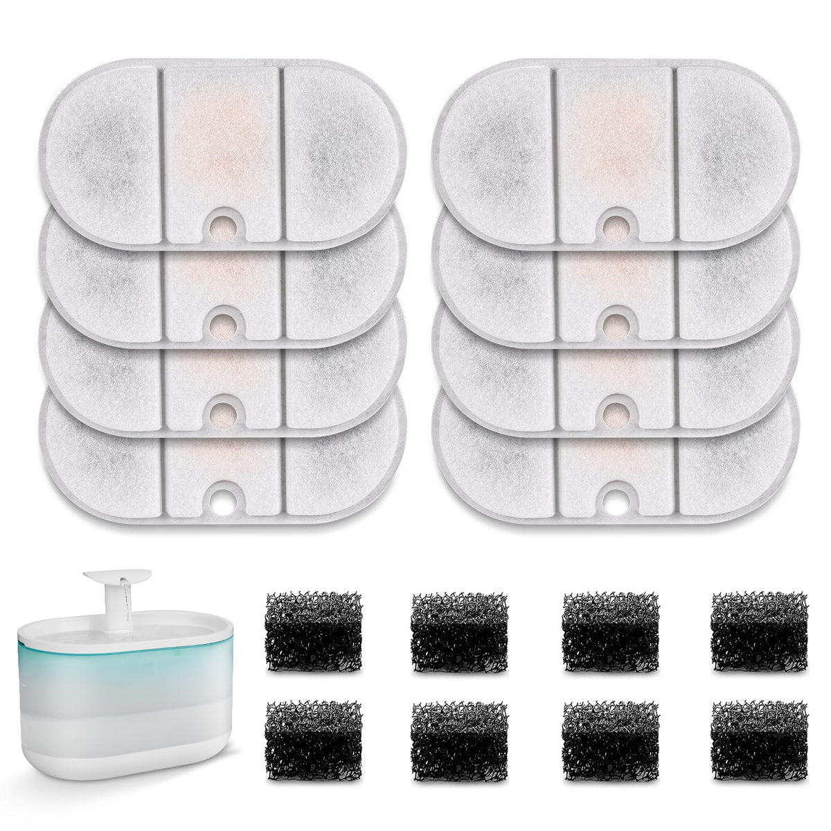 NautyPaws packaging avant montrant 8 filtres et 8 éponges, remplacement pratique