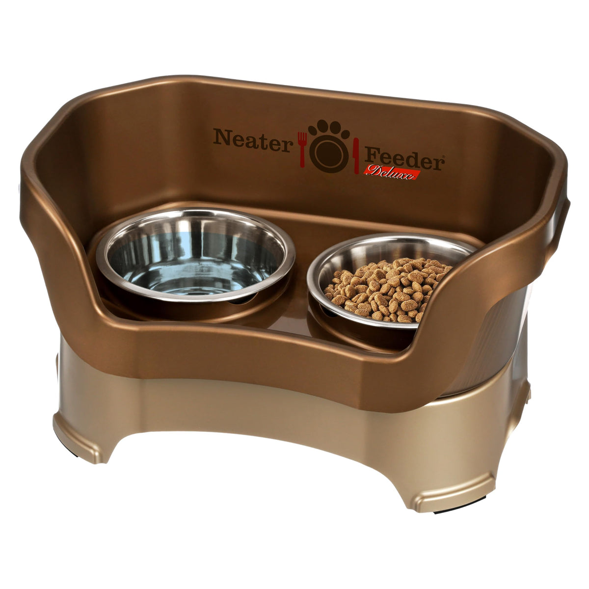 Neater Pet Brands vue avant de la Neater Feeder Deluxe bronze gardant le sol propre