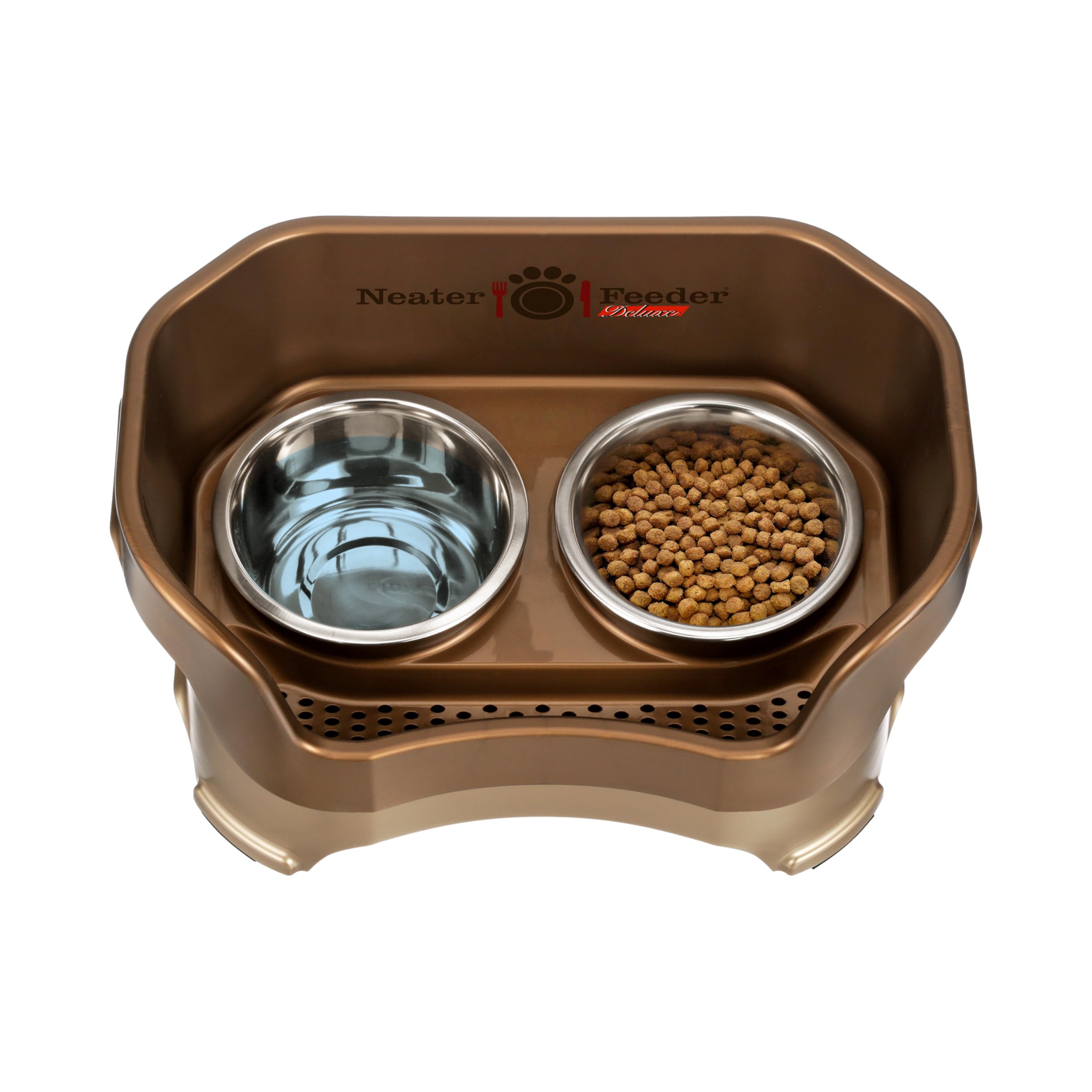 Neater Pet Brands Neater Feeder installée sur sol en bois protégeant le revêtement