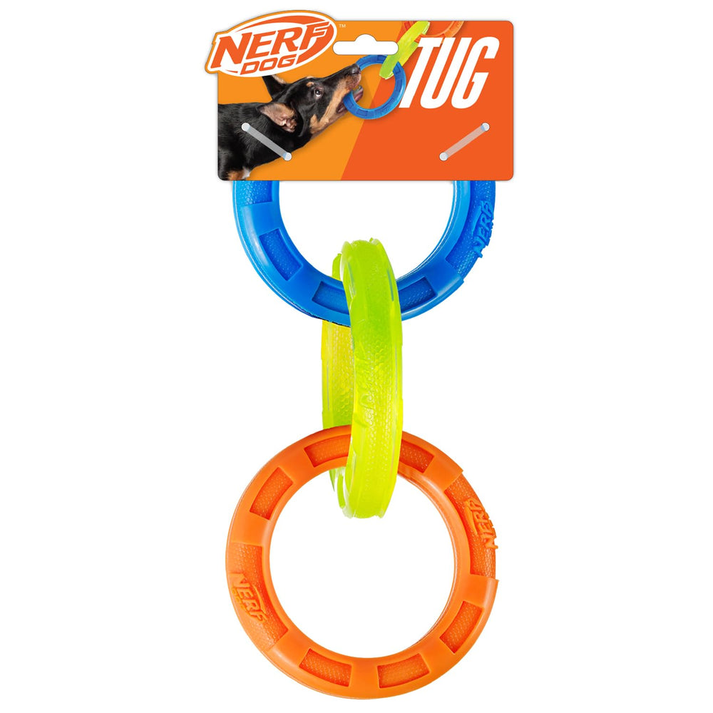 Nerf Dog vue avant montrant les trois anneaux colorés et facilitation du repérage