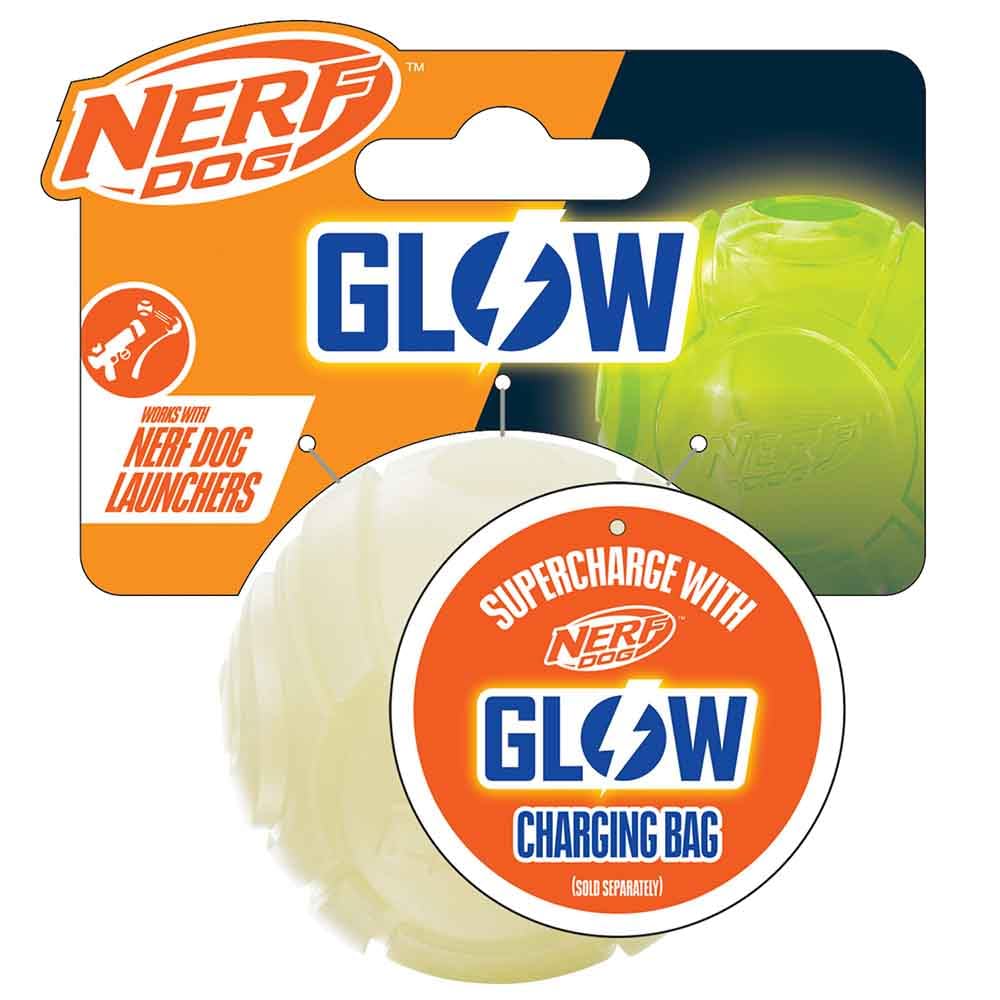 Nerf Dog balle face avant blanche montrant le design et la visibilité
