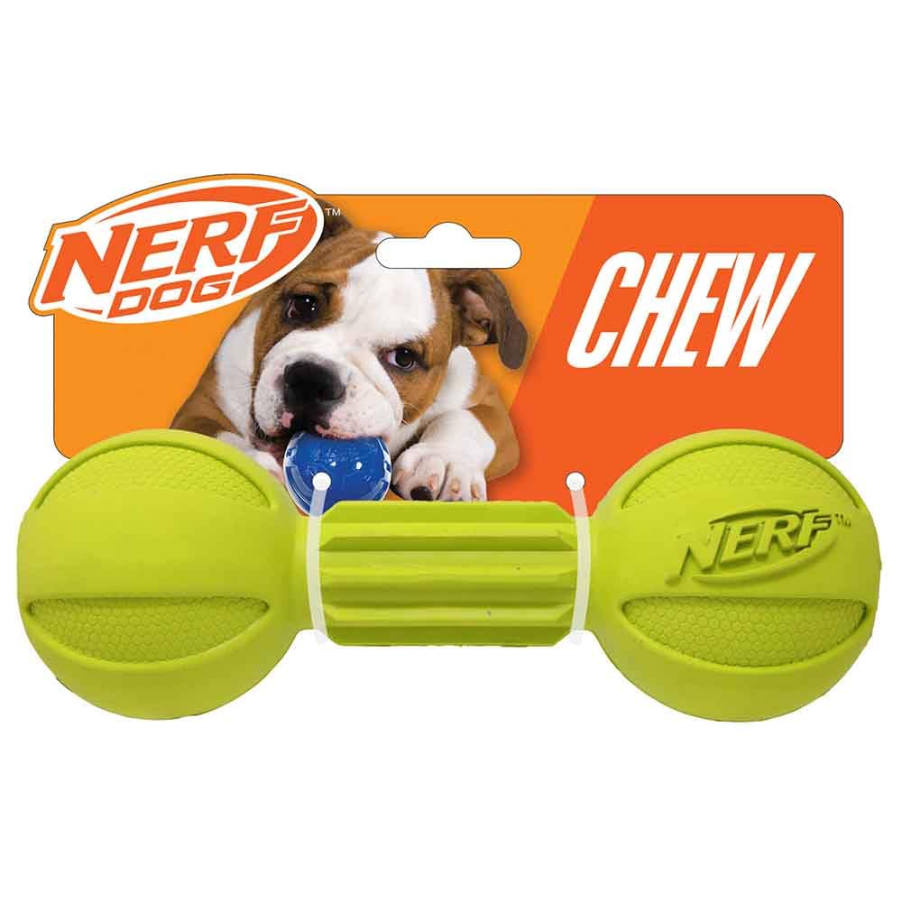Nerf Dog jouet haltère en emballage montrant le produit et sécurité