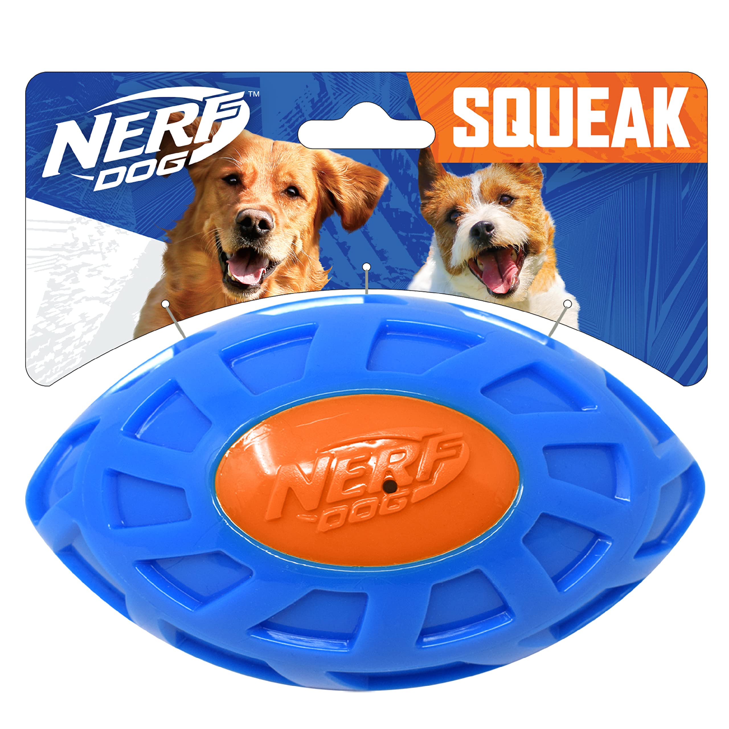 Nerf Dog vue avant du football bleu orange bénéfice visibilité et prise facile