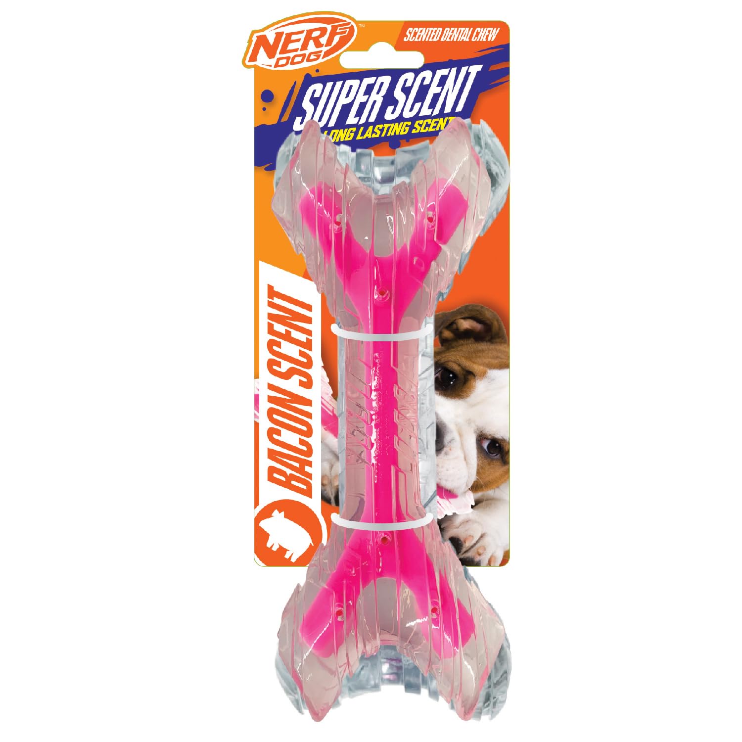 Nerf Dog emballage clair/rose montrant design et attrait bacon pour jeu durable