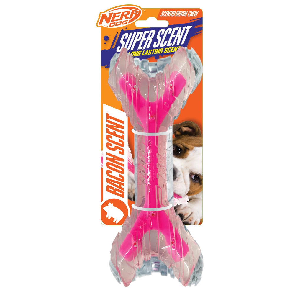 Nerf Dog emballage clair/rose montrant design et attrait bacon pour jeu durable