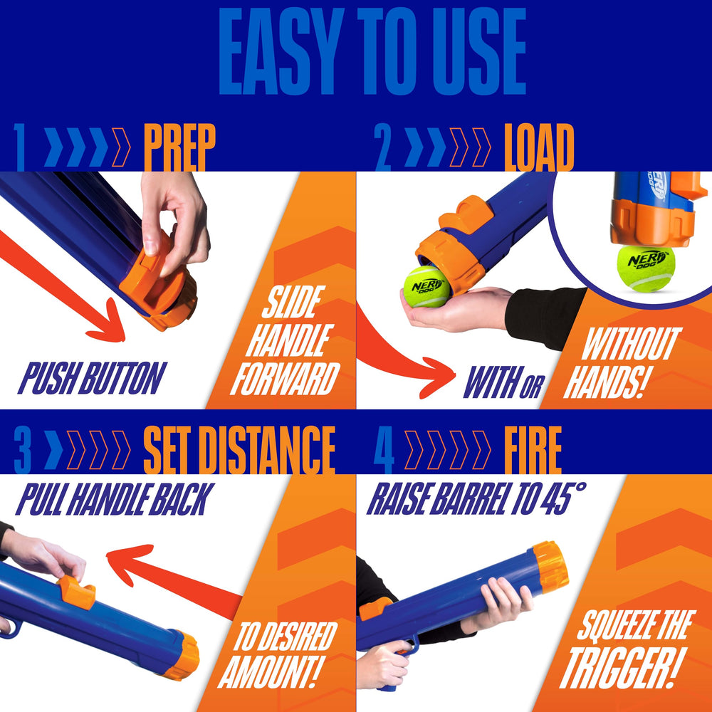 Nerf Dog contenu de la boîte montrant lanceur et balle incluse