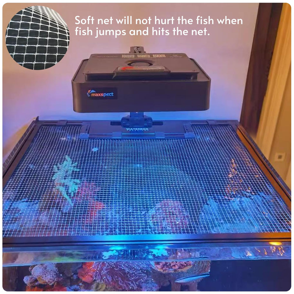 NestBasics filet posé sur un aquarium en usage, empêche les sauts de poissons
