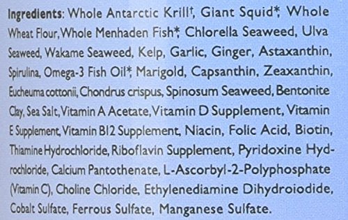 New Life Spectrum étiquette composition listant krill, calmar, gingembre et bentonite