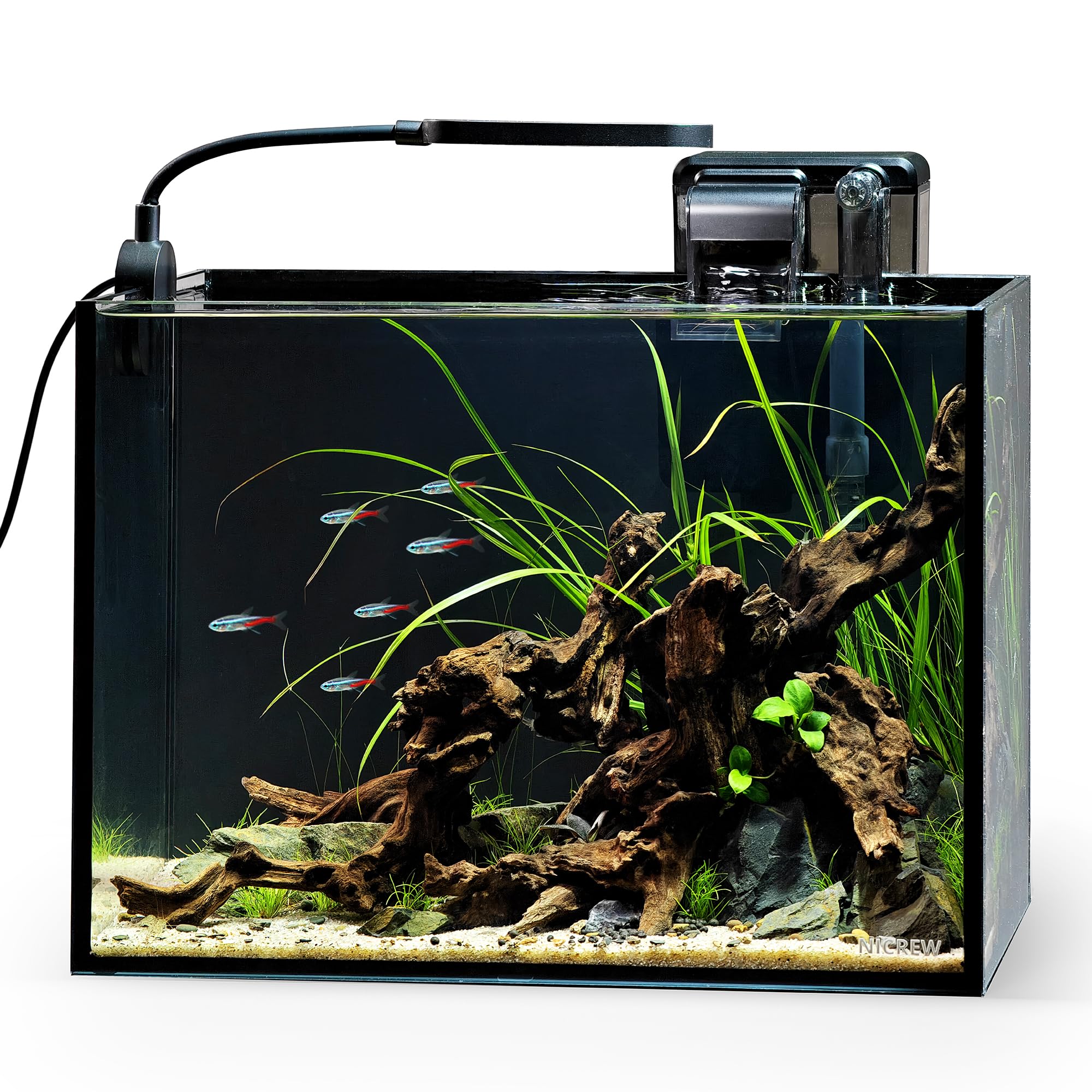 NICREW aquarium face complète noir montrant kit compact pour espace restreint