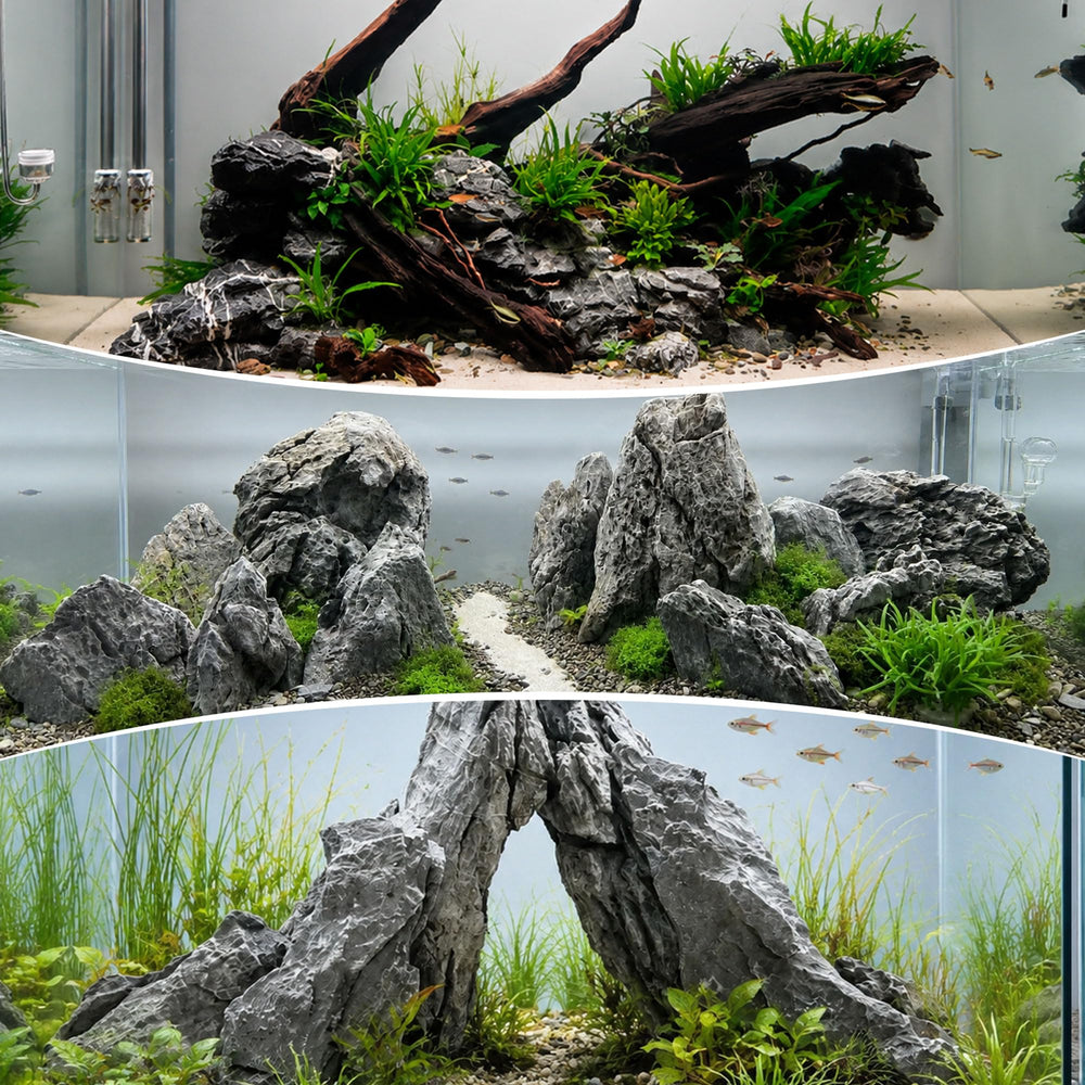 NIJIMORI pierres Seiryu intégrées dans aquarium planté, contraste végétal