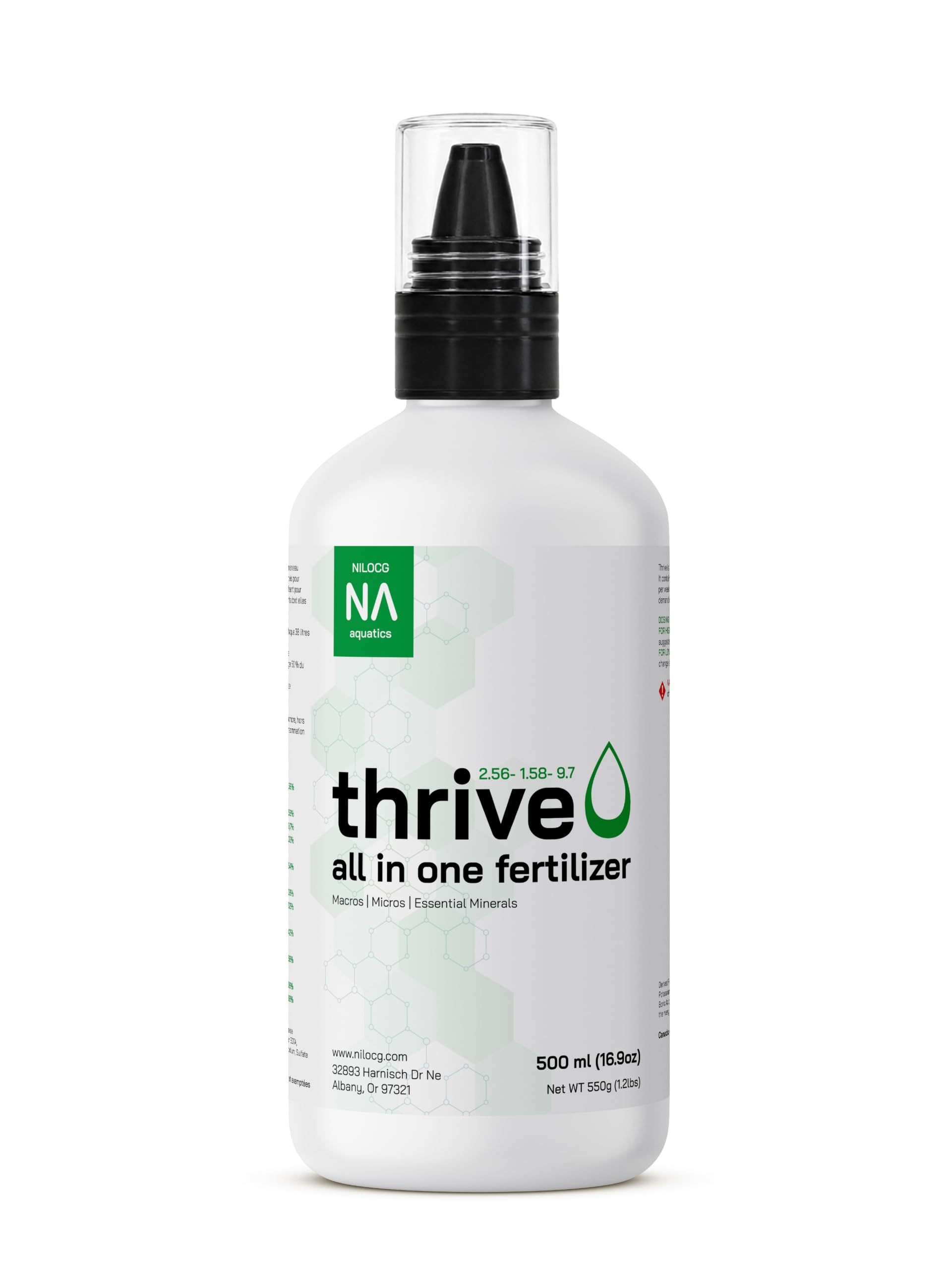 NilocG Thrive face de la bouteille montrant l'emballage et la concentration nutritive