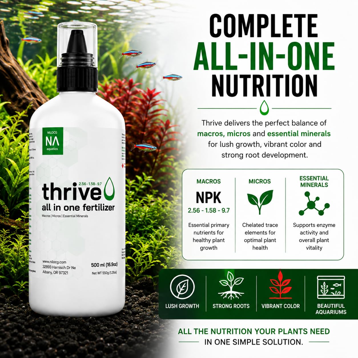 NilocG Thrive quelques gouttes sur feuille aquatique montrant absorption et nutrition