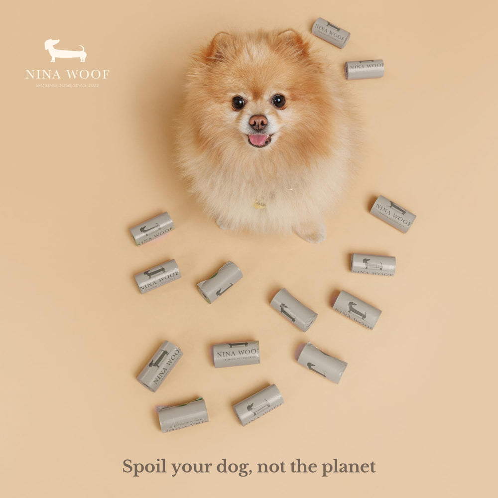 Nina Woof étiquette avec les certifications ASTM D6400 et EN 13432 visibles