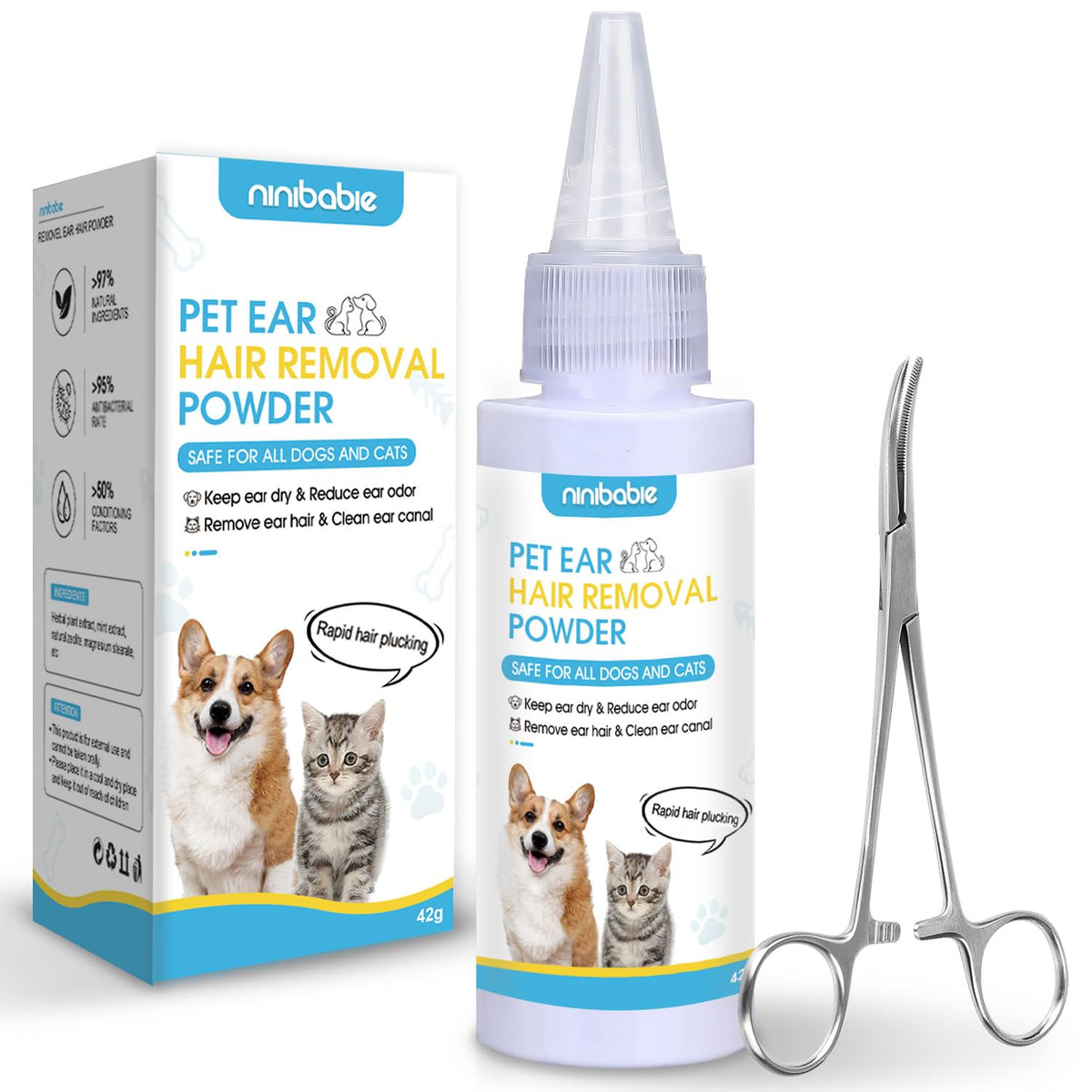 Ninibabie kit poudre et pince montrant l'ensemble pratique pour toilettage