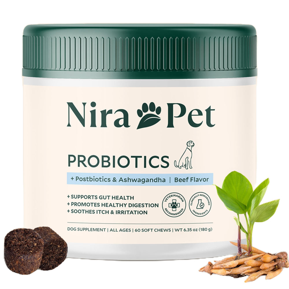Nira Pet emballage avant montrant 60 chews bœuf pour administration facile