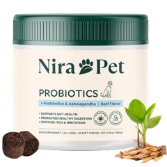 Nira Pet emballage avant montrant 60 chews bœuf pour administration facile