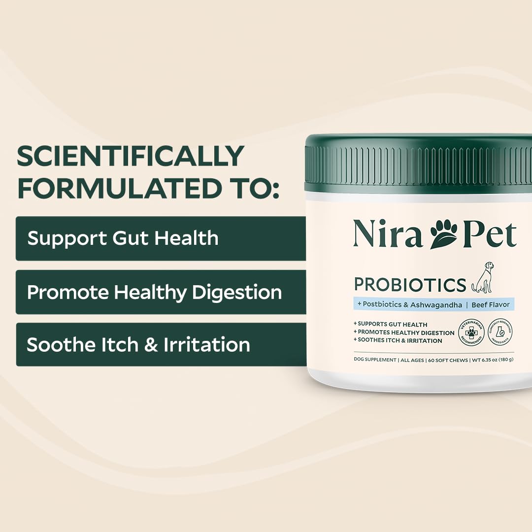 Nira Pet tableau des ingrédients affichant souches probiotiques et colostrum