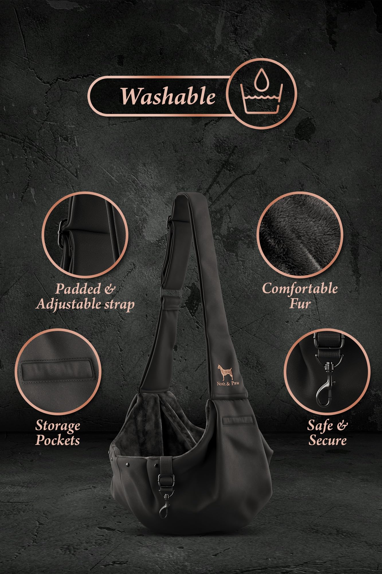 Noah & Paw petit chien installé dans le sling pour promenades sécurisées