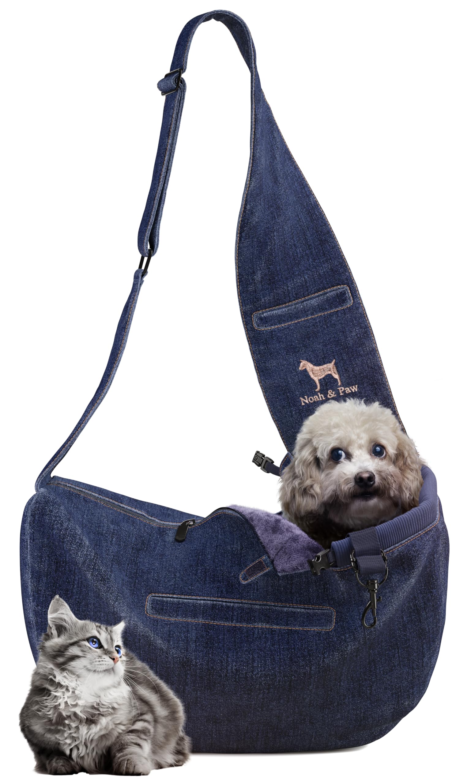 NOAH & PAW vue frontale du porte-chien en denim, design élégant et pratique