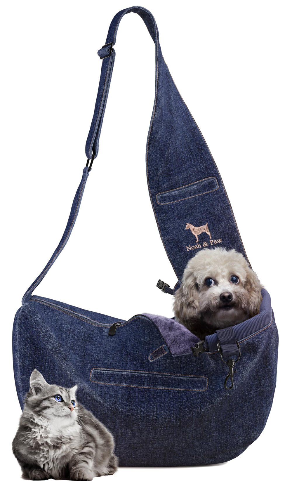 NOAH & PAW vue frontale du porte-chien en denim, design élégant et pratique
