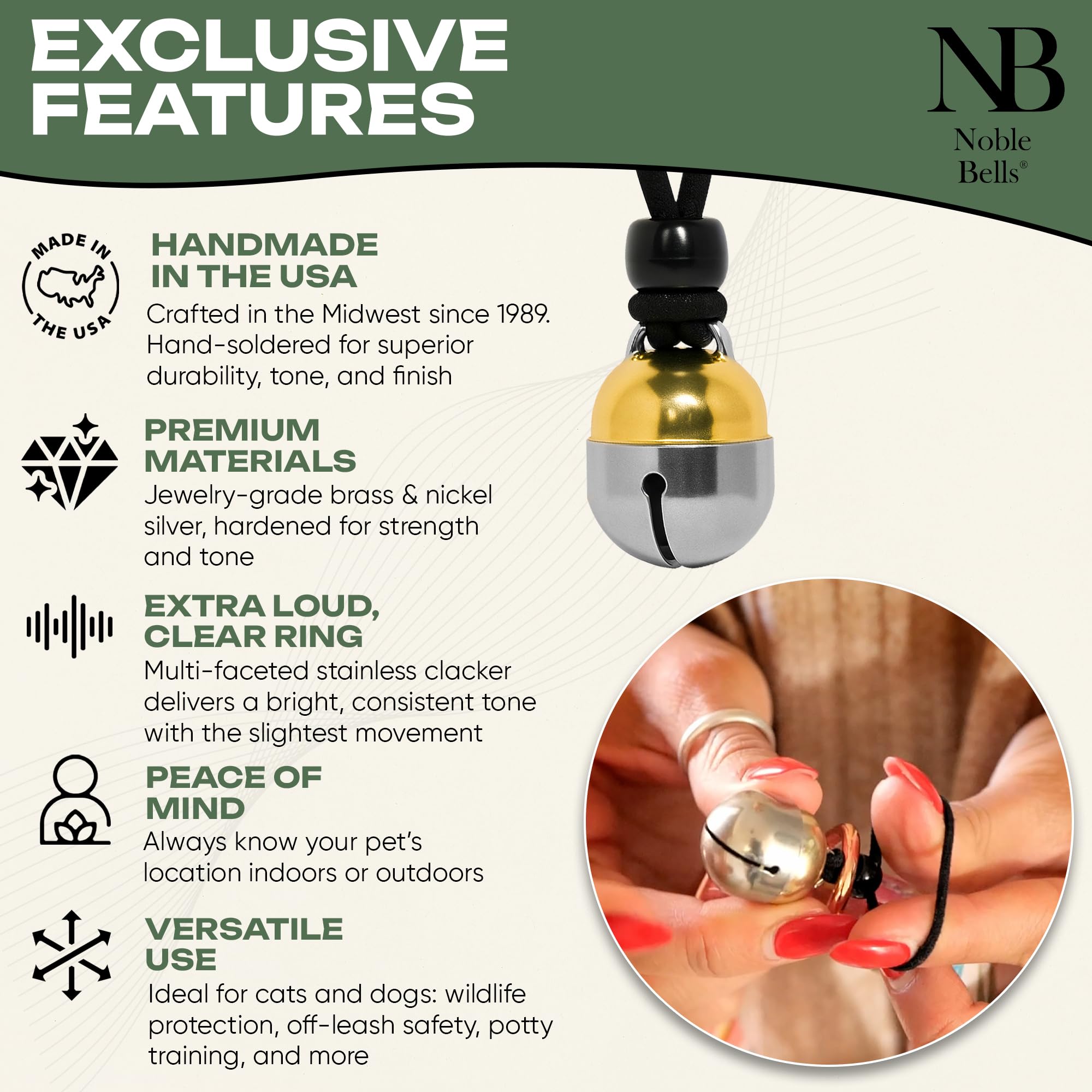 Noble Bells fixation élastique et anneau pratique pour attacher facilement