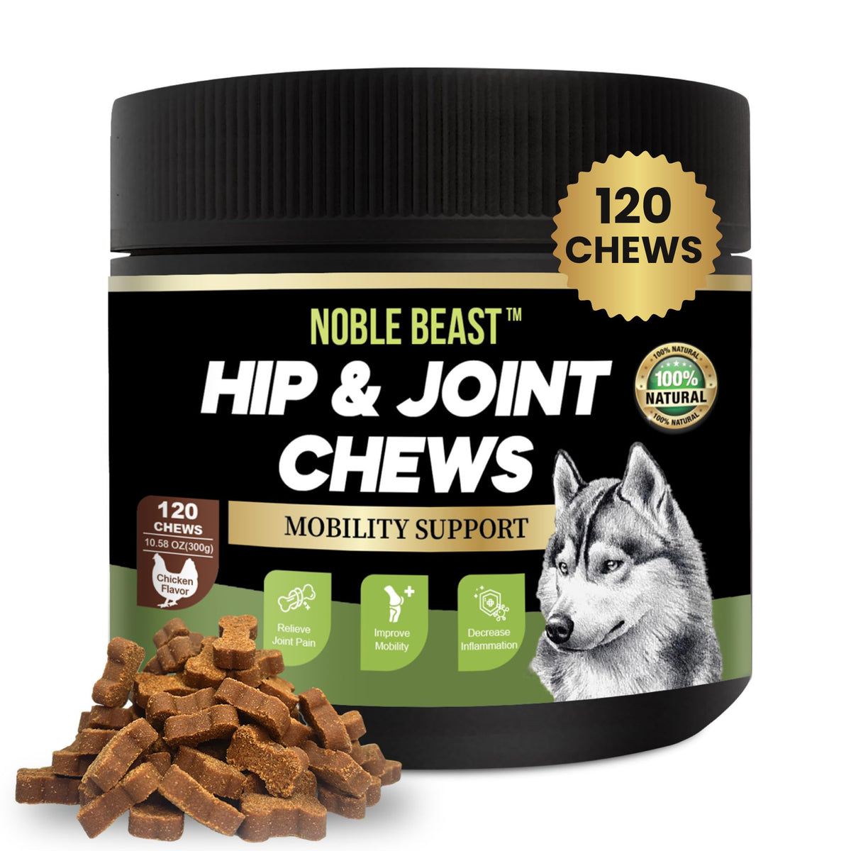 Noble Beast jarre de 120 friandises molles poulet, complément articulations pratique