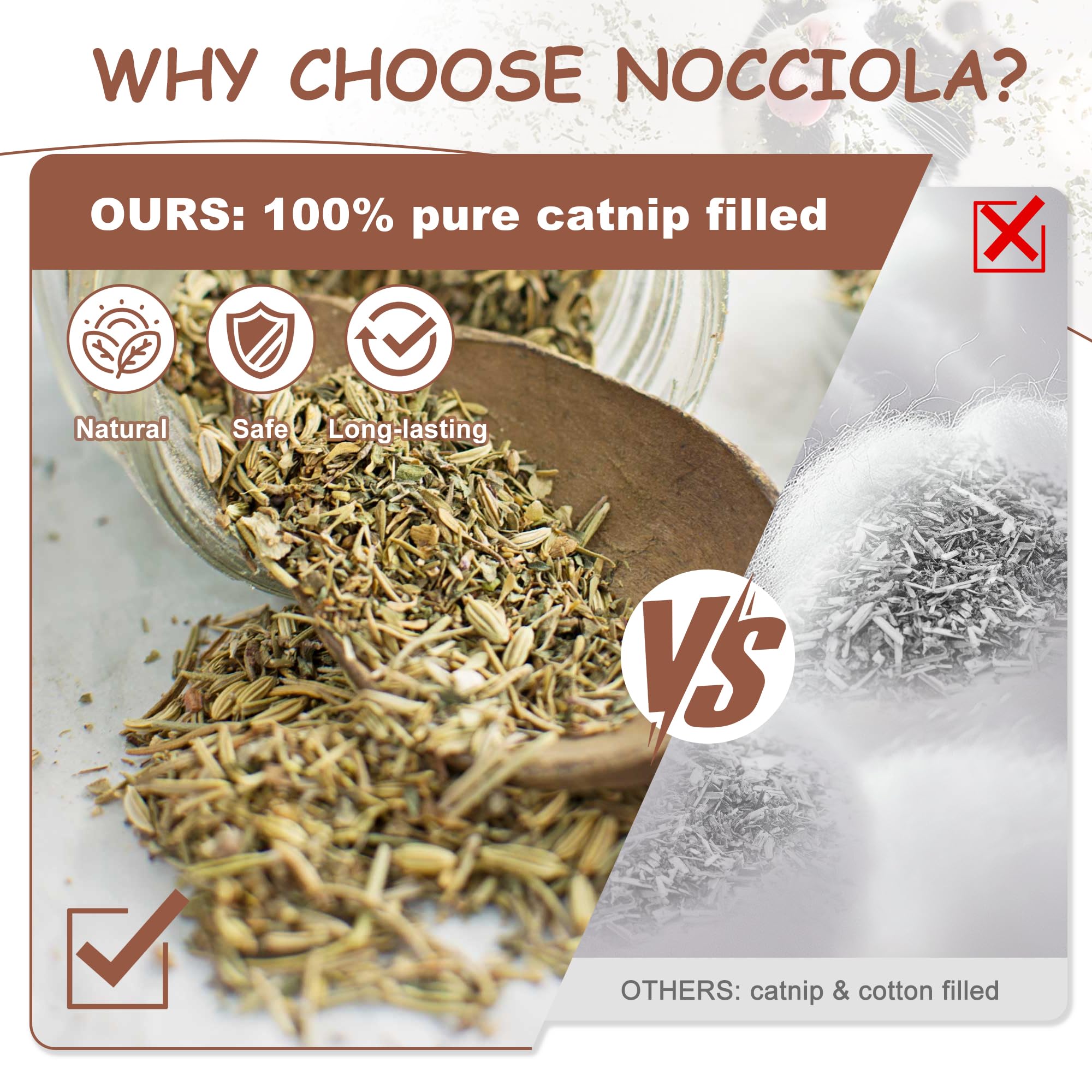 Nocciola sac ouvert montrant l'herbe à chat biologique, arôme naturel préservé