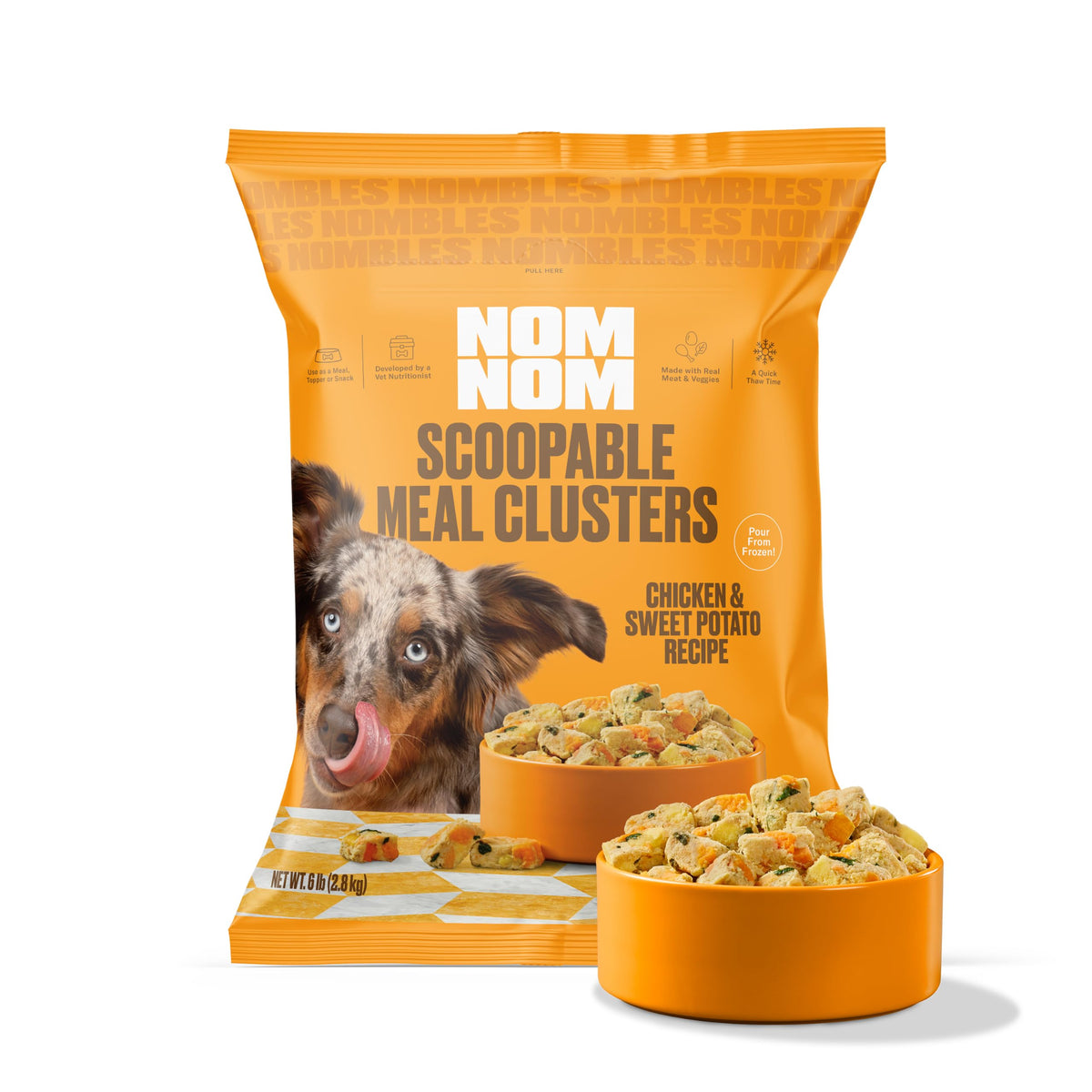Nom Nom montrant le sac 6 lb Poulet & Patate Douce pour repas pratiques