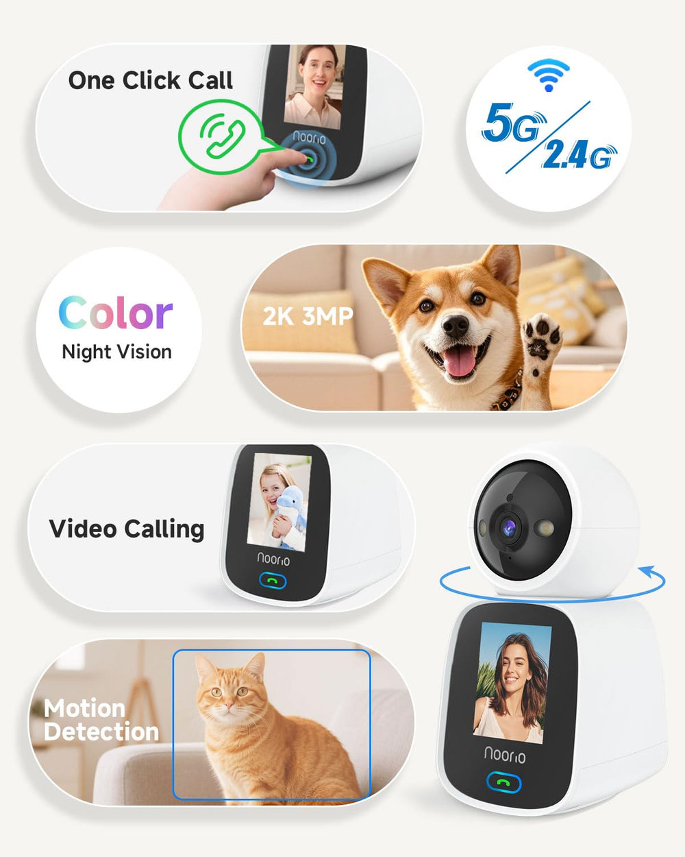 Noorio écran 2,4 pouces détaillé montrant interface d’appel pour communication directe