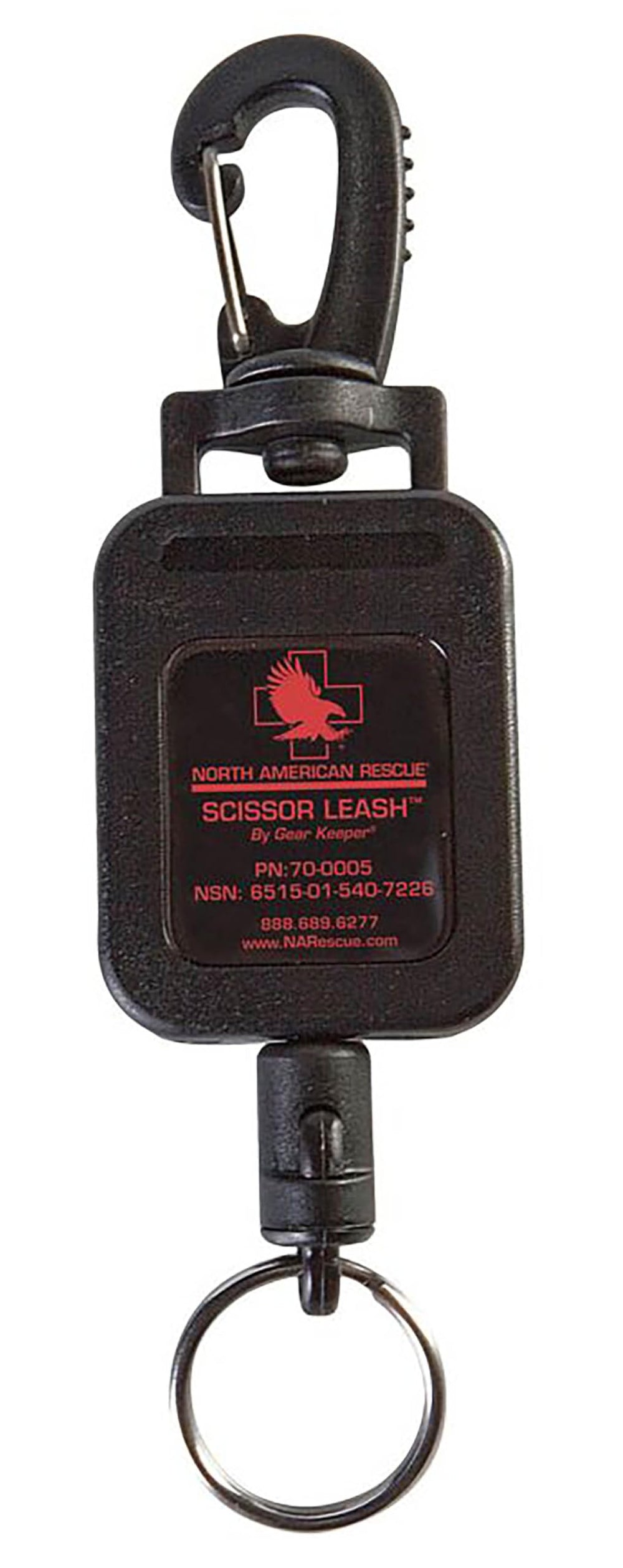North American Rescue vue avant du scissor leash noir montrant clip robuste et corps compact