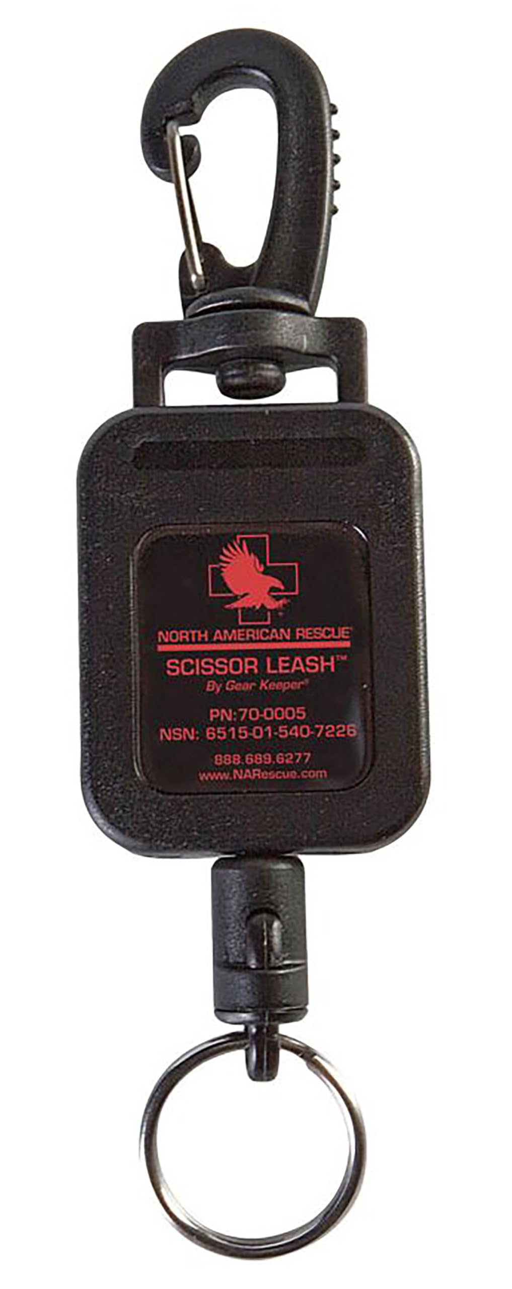 North American Rescue vue avant du scissor leash noir montrant clip robuste et corps compact