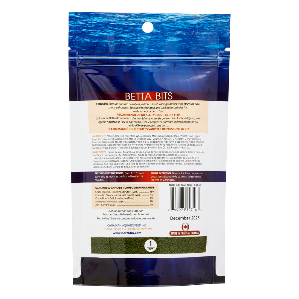 Northfin Betta Bits gros plan des granulés 1mm utile pour prise facile